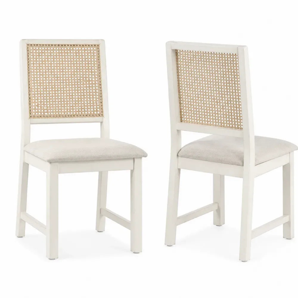 Esszimmerstühle 2er Set gepolstert 47 x 52 x 91 cm massives Kautschukholz Rattan Polyestergewebe rechteckig weiß natur beige