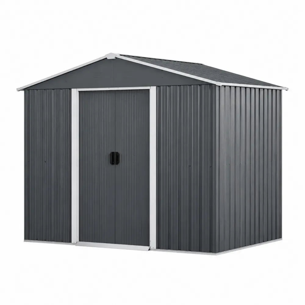 Gartenschuppen Gerätehaus mit Doppelschiebetür Satteldach verzinktes Stahlblech rechteckig Dunkelgrau Silberfarben Schwarz 257 x 205 x 178 cm