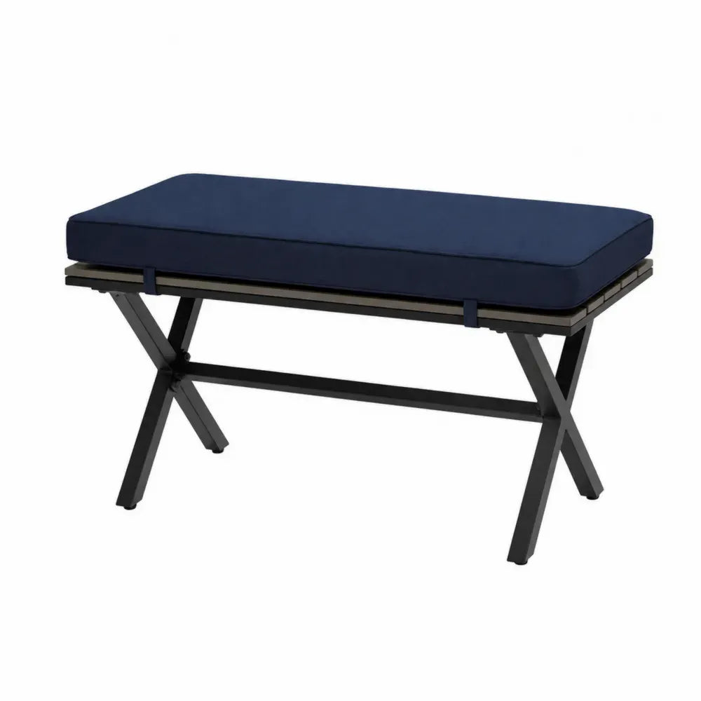 Gartenbank Sitzbank mit Sitzkissen pulverbeschichteter Stahlrahmen Polyesterkissen rechteckig Marineblau Schwarz 120 x 45 x 48 cm