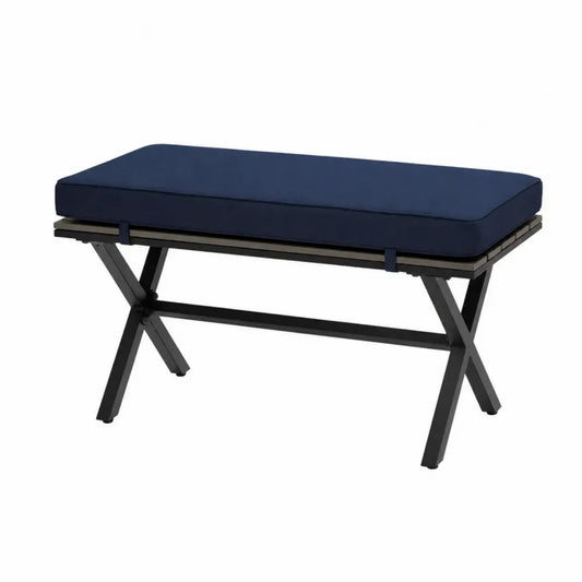 Gartenbank Sitzbank mit Sitzkissen pulverbeschichteter Stahlrahmen Polyesterkissen rechteckig Marineblau Schwarz 120 x 45 x 48 cm