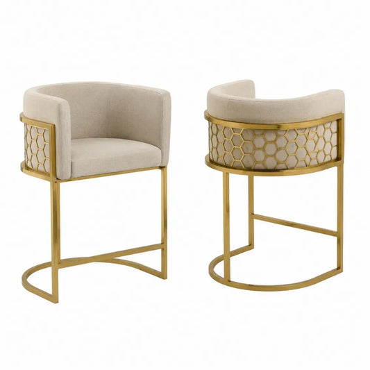 2er Set Barstühle mit Armlehnen 58 x 56 x 92 cm Polyestergewebe Stahl halbkreisförmig Beige Goldfarben