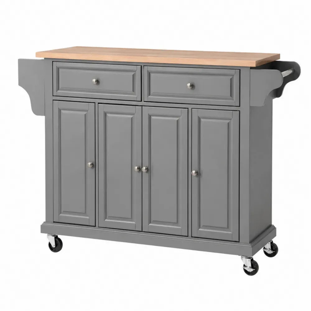 Küchenwagen mit 2 Schubladen 4 Türen und 4 Rollen 120 x 48 x 90 cm MDF Gummibaumholz rechteckig Grau Natur Silber Schwarz
