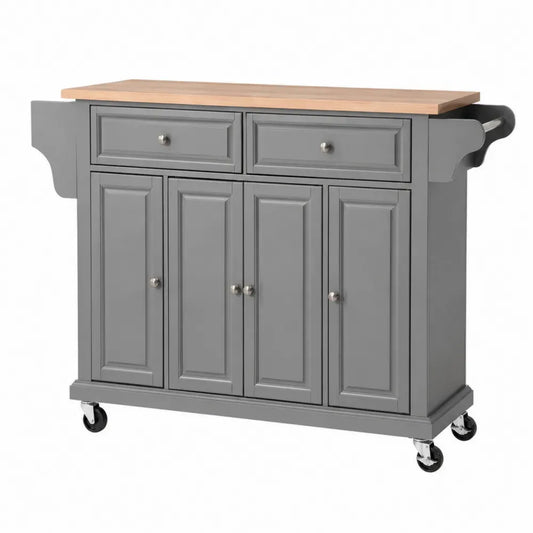 Küchenwagen mit 2 Schubladen 4 Türen und 4 Rollen 120 x 48 x 90 cm MDF Gummibaumholz rechteckig Grau Natur Silber Schwarz