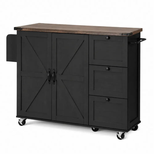 Küchenwagen mit 3 Schubladen 2 Türen und 4 Rollen 115 x 45 x 90 cm MDF Kautschukholz rechteckig Schwarz Braun