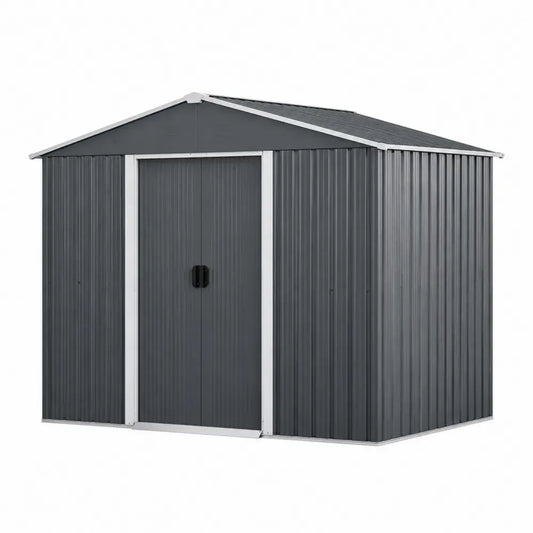 Gartenschuppen Gerätehaus mit Doppelschiebetür Satteldach verzinktes Stahlblech rechteckig Dunkelgrau Silberfarben Schwarz 257 x 205 x 178 cm