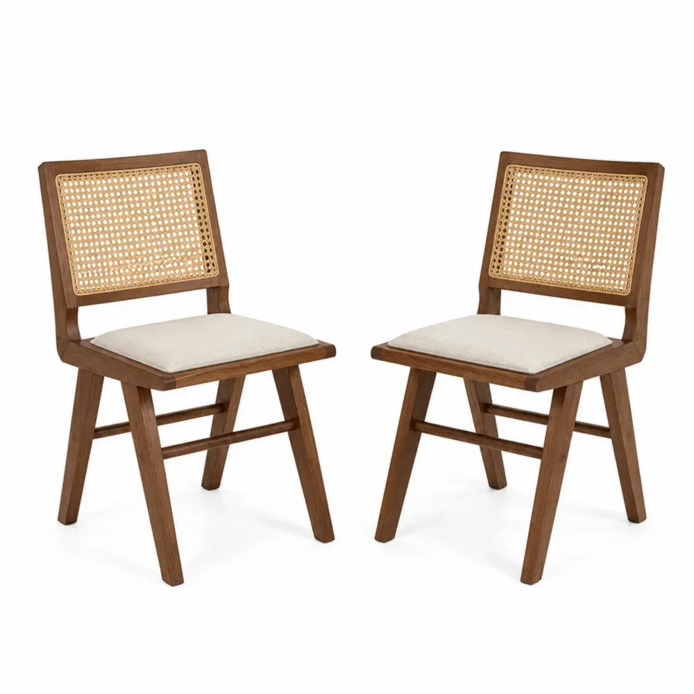 2er Set Esszimmerstühle mit Rattanrücken Sitzkissen 49 x 52 x 82 cm Kautschukholz Polyester rechteckig braun natur beige