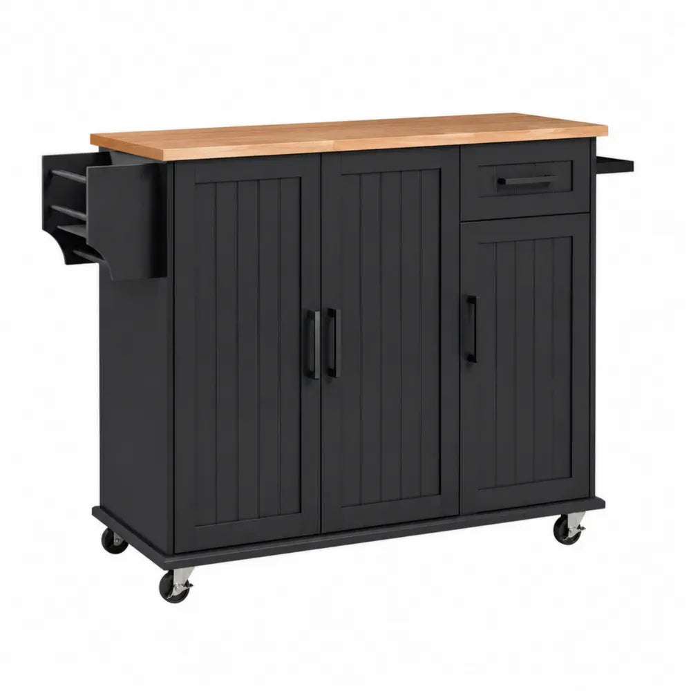 Küchenwagen mit Rollen 3 Türen und 1 Schublade 115 x 45 x 91 cm MDF Kautschukholz Stahl rechteckig schwarz natur