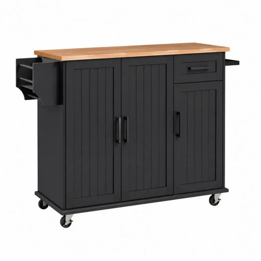 Küchenwagen mit Rollen 3 Türen und 1 Schublade 115 x 45 x 91 cm MDF Kautschukholz Stahl rechteckig schwarz natur